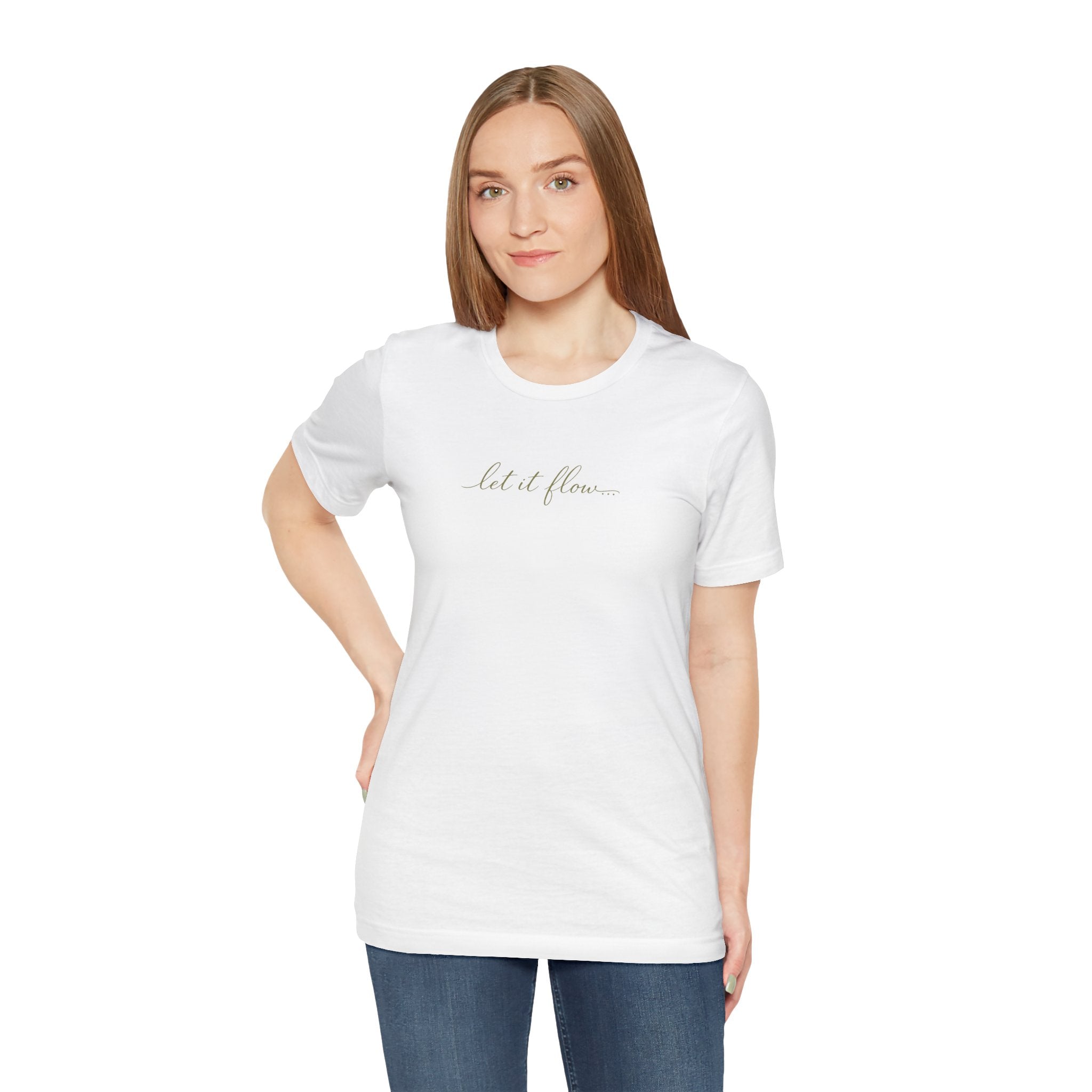 Let It Flow Minimal White Tee — Feminine Script Floral Vibe
